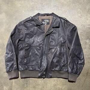 Vintage 90s New Order Black Leather Grunge Bomber Jacket